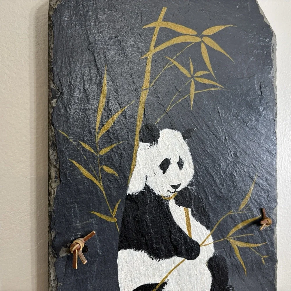 Vtg Stone Slate Hand Painted Panda Bear Bamboo Hanging Wall Decor 20